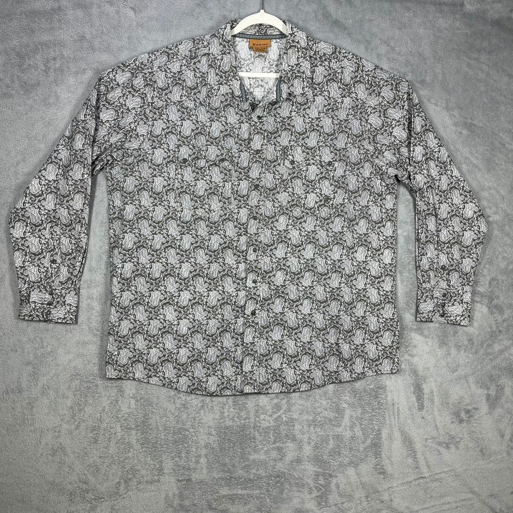 Ariat Button Down Shirt Mens XXL Grey White Paisley Long Sleeve Western Snap